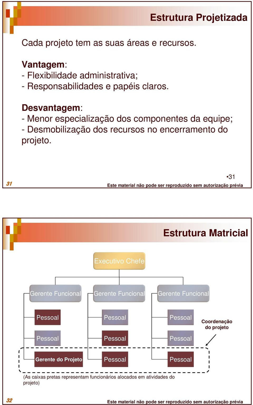 Desvantagem: - Menor especialização dos componentes da equipe; - Desmobilização dos recursos no encerramento do projeto.