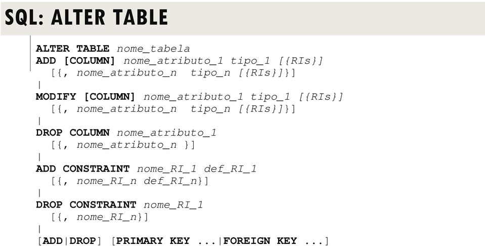 tipo_n [{RIs}]}] DROP COLUMN nome_atributo_1 [{, nome_atributo_n }] ADD CONSTRAINT nome_ri_1