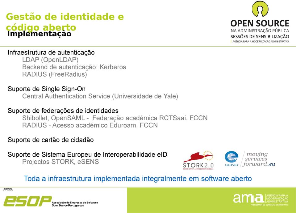 identidades Shibollet, OpenSAML - Federação académica RCTSaai, FCCN RADIUS - Acesso académico Eduroam, FCCN Suporte de cartão de