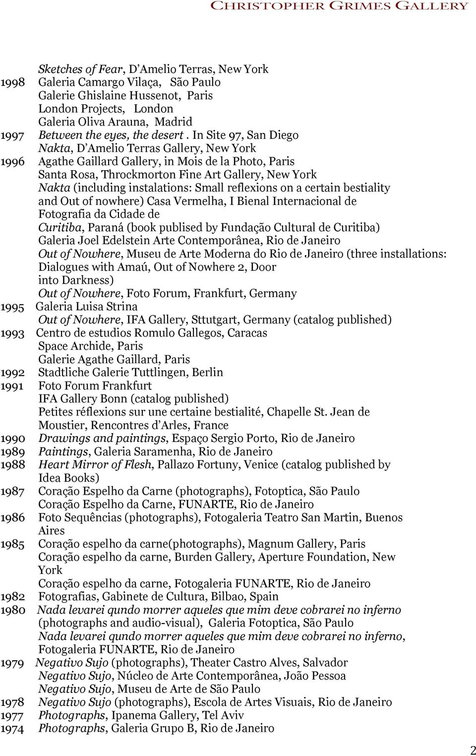 In Site 97, San Diego Nakta, D Amelio Terras Gallery, New York 1996 Agathe Gaillard Gallery, in Mois de la Photo, Paris Santa Rosa, Throckmorton Fine Art Gallery, New York Nakta (including