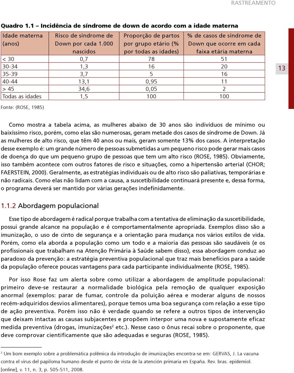 13,1 0,95 11 > 45 34,6 0,05 2 Todas as idades 1,5 100 100 13 Fonte: (ROSE, 1985) Como mostra a tabela acima, as mulheres abaixo de 30 anos são indivíduos de mínimo ou baixíssimo risco, porém, como