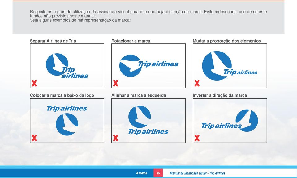 Veja alguns exemplos de má representação da marca: Separar Airlines de Trip Rotacionar a marca Mudar a