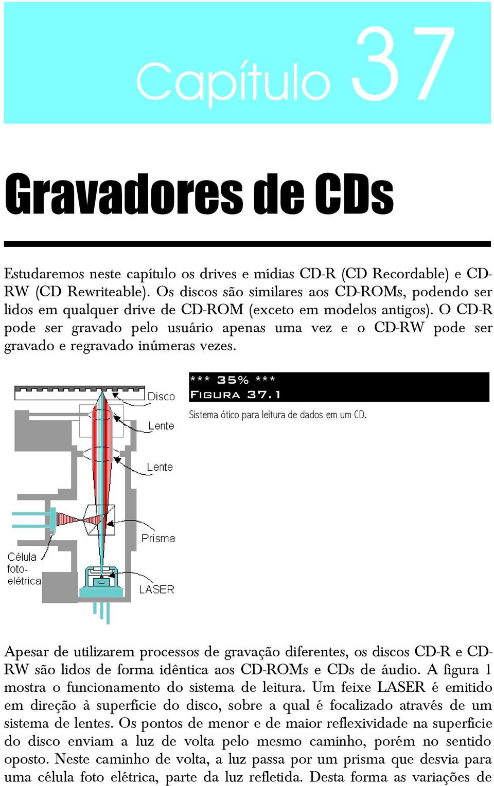 O CD-R pode ser gravado pelo usuário apenas uma vez e o CD-RW pode ser gravado e regravado inúmeras vezes. *** 35% *** Figura 37.1 Sistema ótico para leitura de dados em um CD.