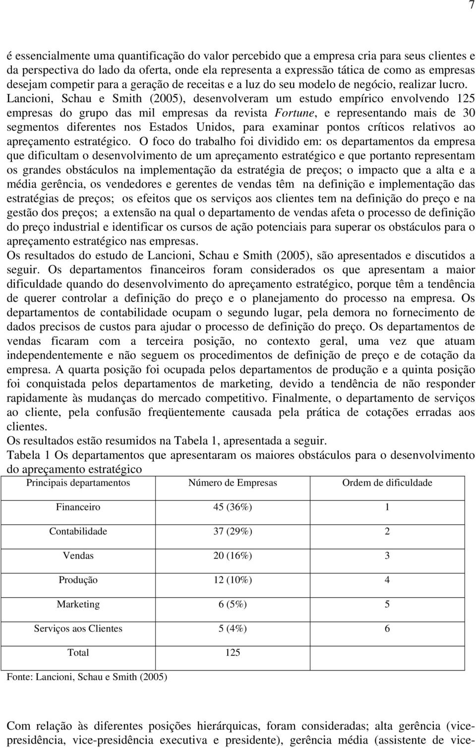 Lancioni, Schau e Smith (2005), desenvolveram um estudo empírico envolvendo 125 empresas do grupo das mil empresas da revista Fortune, e representando mais de 30 segmentos diferentes nos Estados