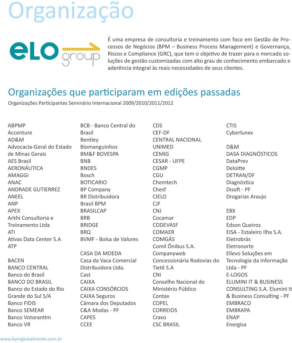 Organizações que participaram em edições passadas Organizações Participantes Seminário Internacional 2009/2010/2011/2012 ABPMP Accenture AD&M Advocacia-Geral do Estado de Minas Gerais AES Brasil