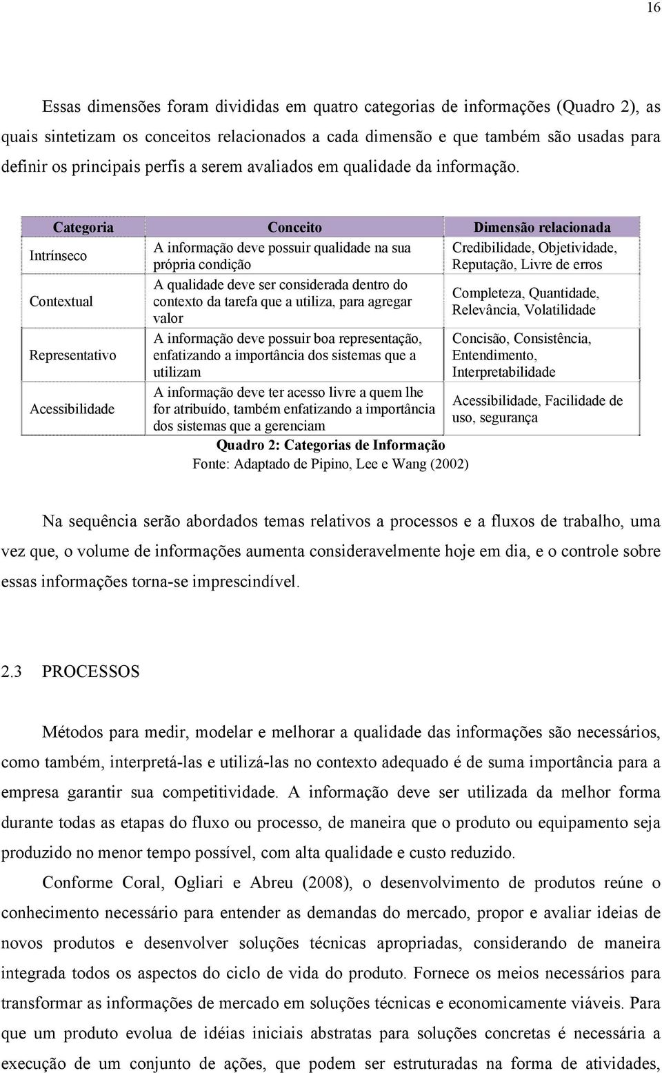 Categoria Conceito Dimensão relacionada Intrínseco A informação deve possuir qualidade na sua Credibilidade, Objetividade, própria condição Reputação, Livre de erros Contextual A qualidade deve ser