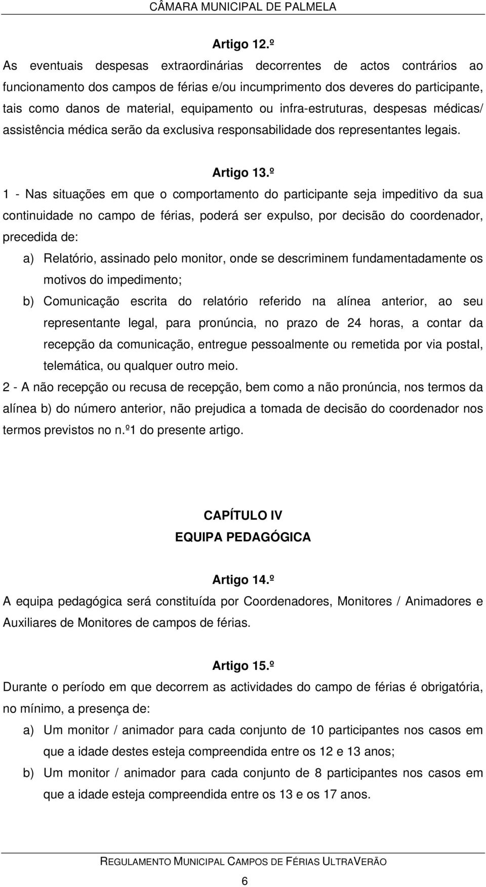 ou infra-estruturas, despesas médicas/ assistência médica serão da exclusiva responsabilidade dos representantes legais. Artigo 13.