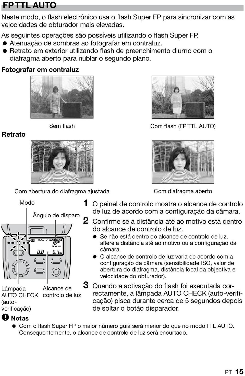 Fotografar em contraluz Retrato Sem flash Com flash (FP TTL AUTO) Com abertura do diafragma ajustada Modo Lâmpada AUTO CHECK (autoverificação) Ângulo de disparo Alcance de controlo de luz Com