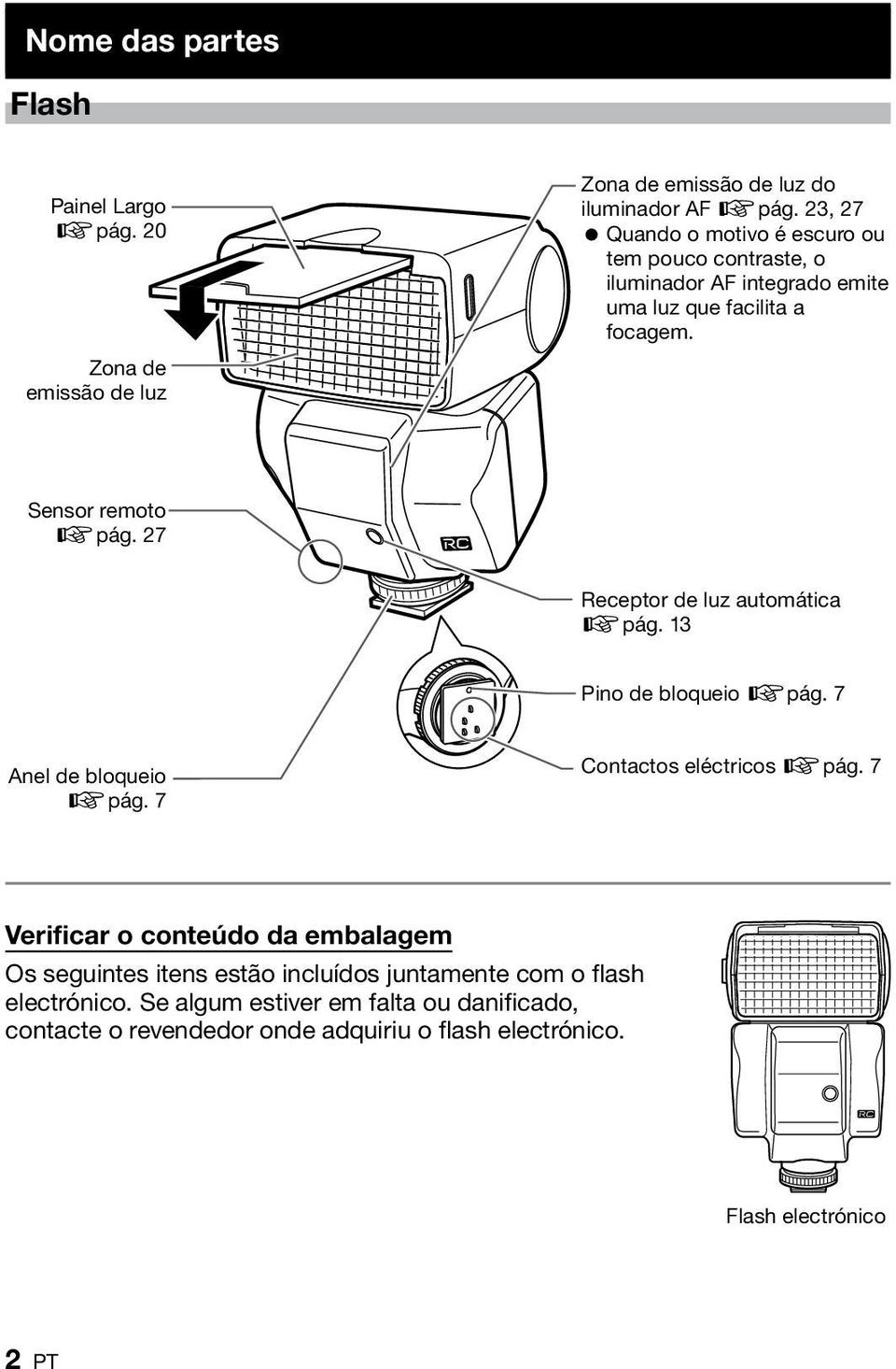 27 Receptor de luz automática gpág. 13 Pino de bloqueio gpág. 7 Anel de bloqueio gpág. 7 Contactos eléctricos gpág.