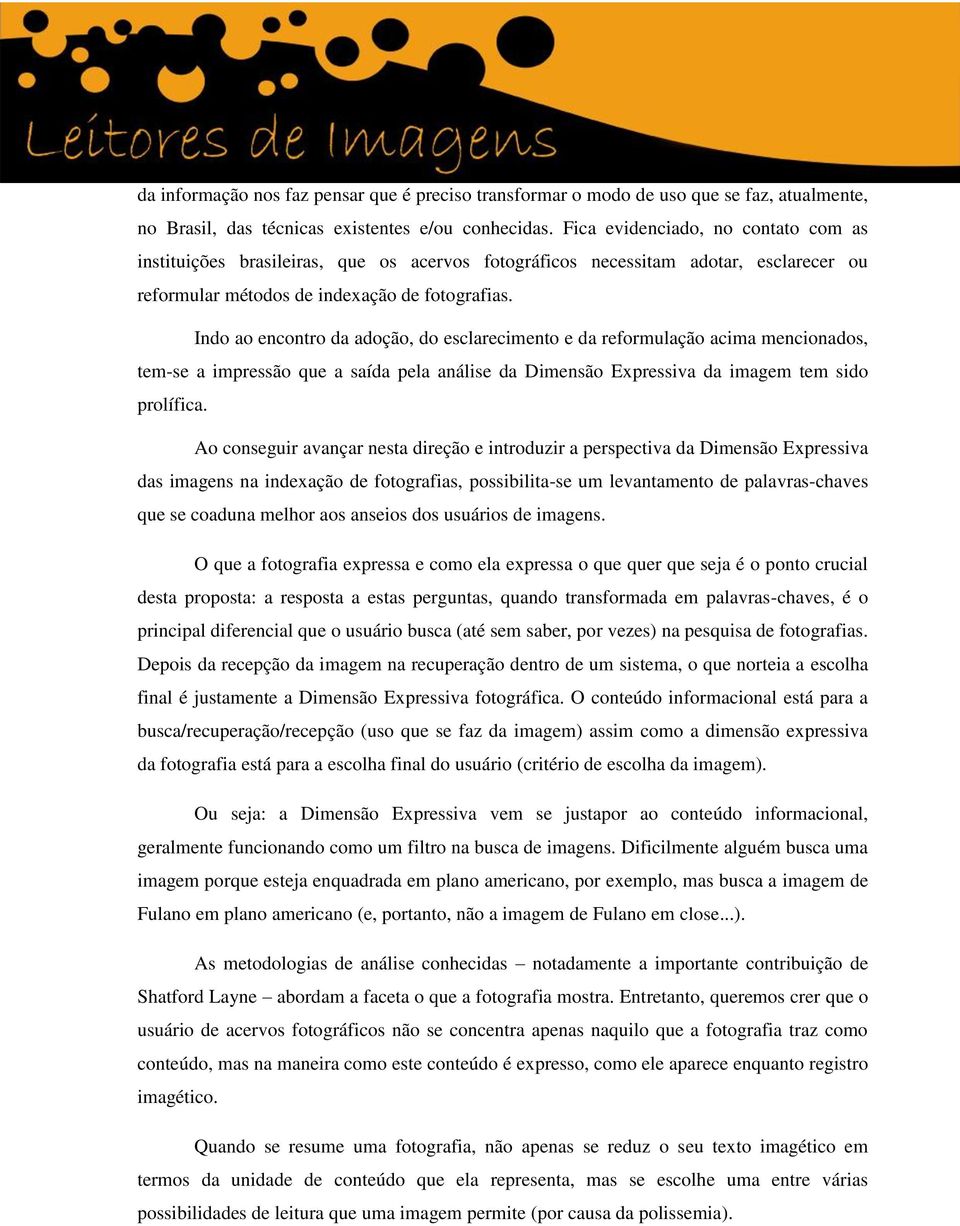 Indo ao encontro da adoção, do esclarecimento e da reformulação acima mencionados, tem-se a impressão que a saída pela análise da Dimensão Expressiva da imagem tem sido prolífica.