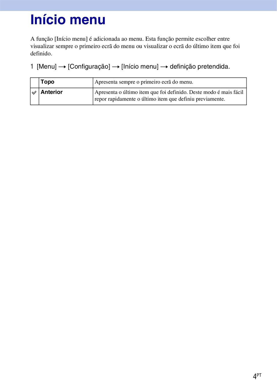 item que foi definido. 1 [Menu] t [Configuração] t [Início menu] t definição pretendida.