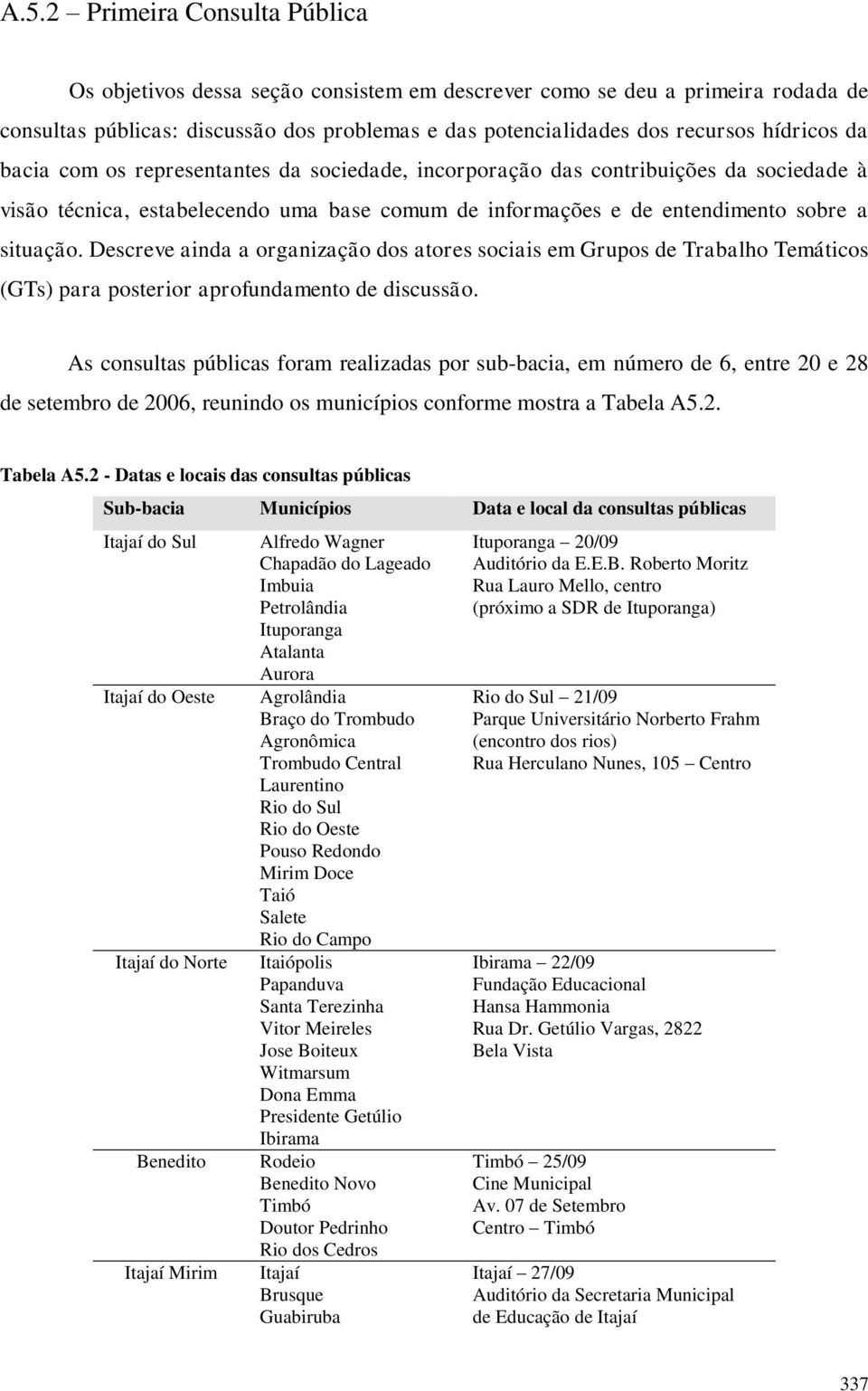 Descreve ainda a organização dos atores sociais em Grupos de Trabalho Temáticos (GTs) para posterior aprofundamento de discussão.