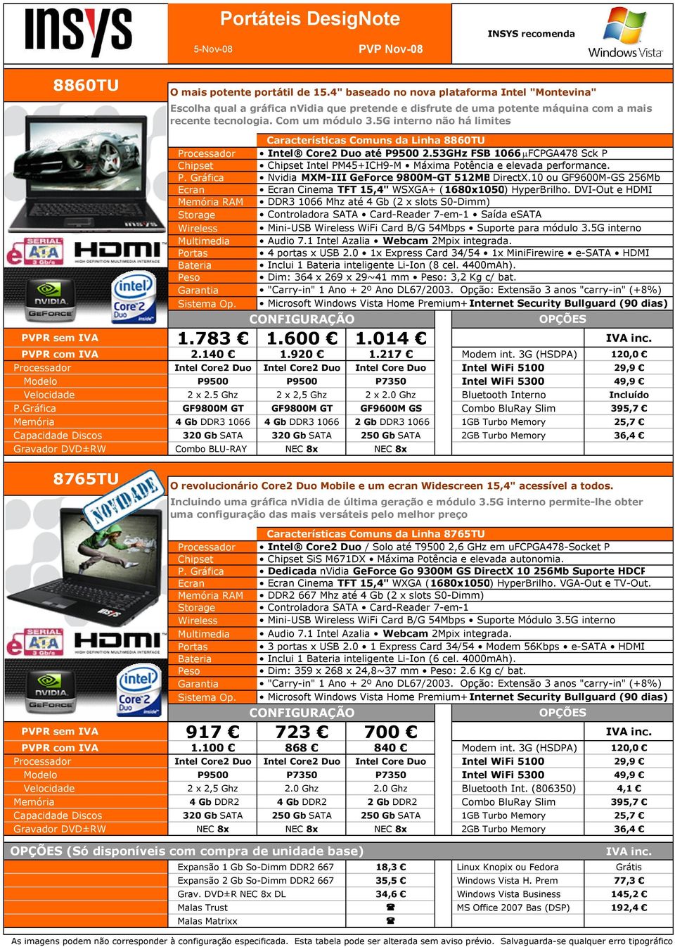 5G interno não há limites Processador P. Gráfica Ecran Memória RAM Storage Wireless Multimedia Portas Bateria Peso Características Comuns da Linha 8860TU Intel Core2 Duo até P9500 2.