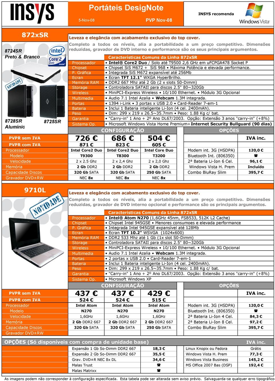 Gráfica Ecran Memória RAM Storage Wireless Multimedia Portas Bateria Peso Características Comuns da Linha 872xSR Intel Core2 Duo / Solo até T9500 2,6 GHz em ufcpga478 Socket P SiS M672 + SiS 968