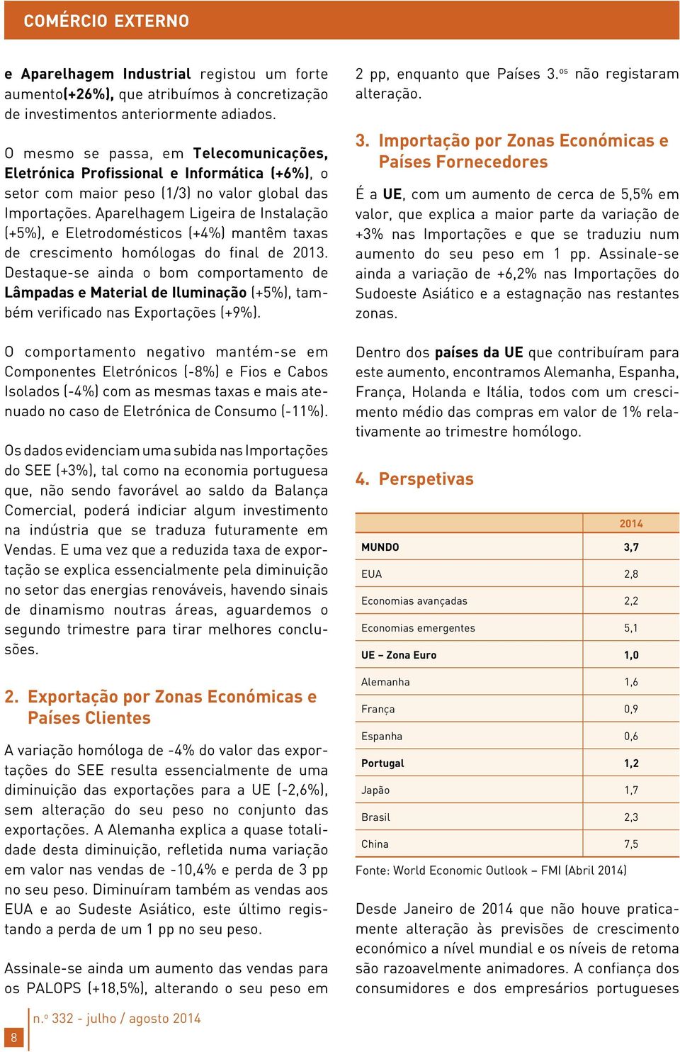 Aparelhagem Ligeira de Instalação (+5%), e Eletrodomésticos (+4%) mantêm taxas de crescimento homólogas do final de 2013.