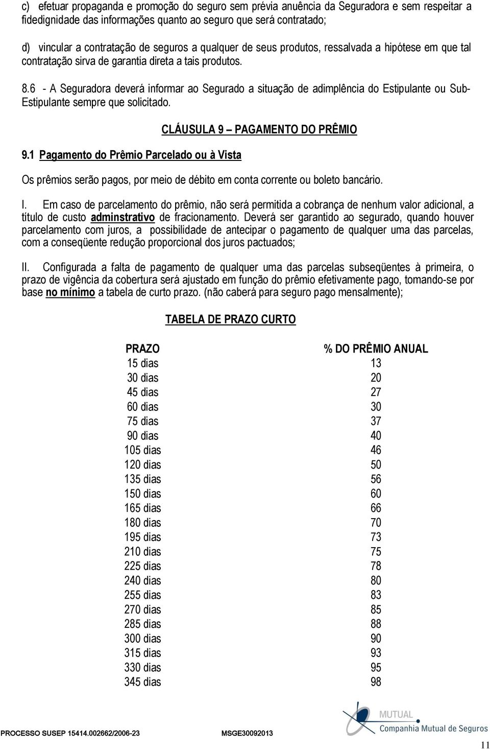 6 - A Seguradora deverá informar ao Segurado a situação de adimplência do Estipulante ou Sub- Estipulante sempre que solicitado. 9.