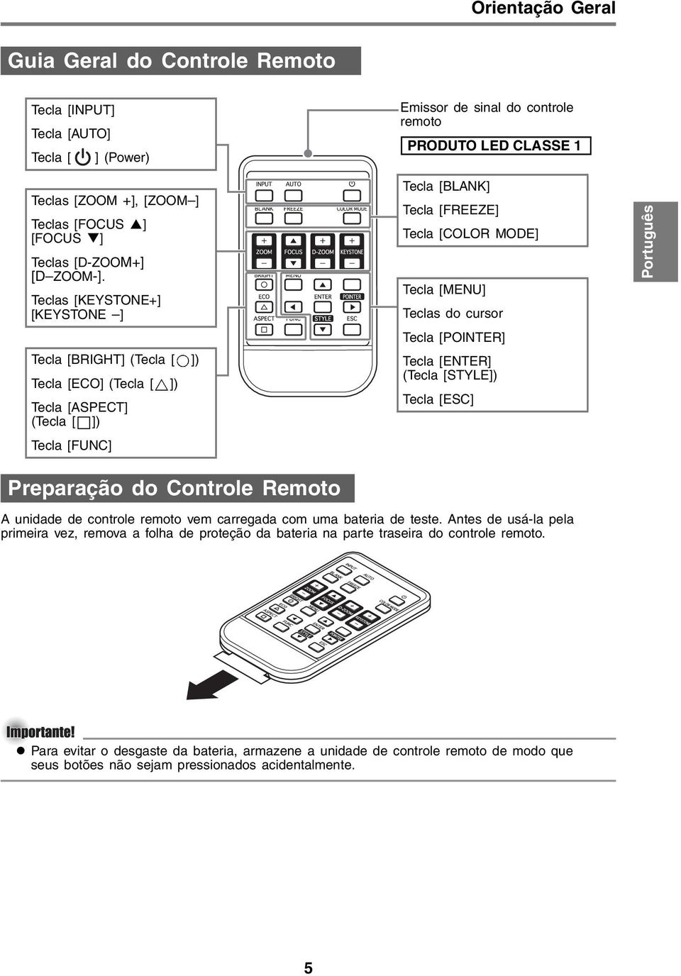 Teclas [KEYSTONE+] [KEYSTONE ] Tecla [BRIGHT] (Tecla [ ]) Tecla [ECO] (Tecla [ ]) Tecla [ASPECT] (Tecla [ ]) Tecla [FUNC] Tecla [BLANK] Tecla [FREEZE] Tecla [COLOR MODE] Tecla [MENU] Teclas do cursor