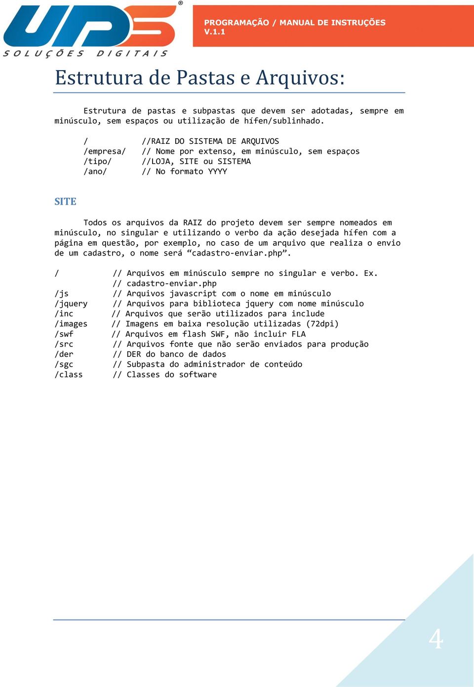 sempre nomeados em minúsculo, no singular e utilizando o verbo da ação desejada hífen com a página em questão, por exemplo, no caso de um arquivo que realiza o envio de um cadastro, o nome será