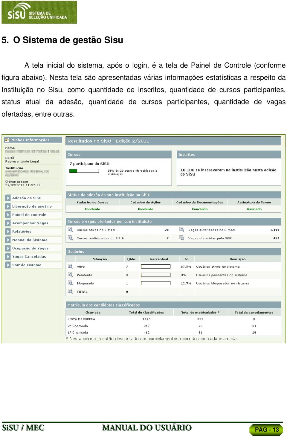 Nesta tela são apresentadas várias informações estatísticas a respeito da Instituição no Sisu, como