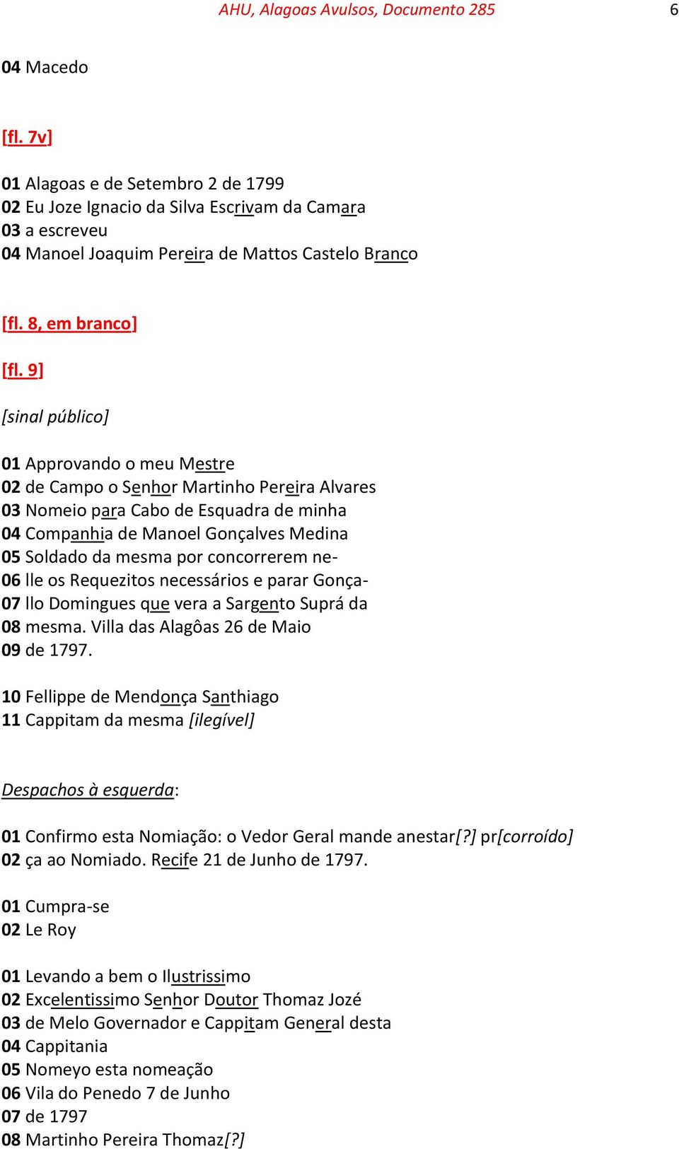 9] 01 Approvando o meu Mestre 02 de Campo o Senhor Martinho Pereira Alvares 03 Nomeio para Cabo de Esquadra de minha 04 Companhia de Manoel Gonçalves Medina 05 Soldado da mesma por concorrerem ne- 06