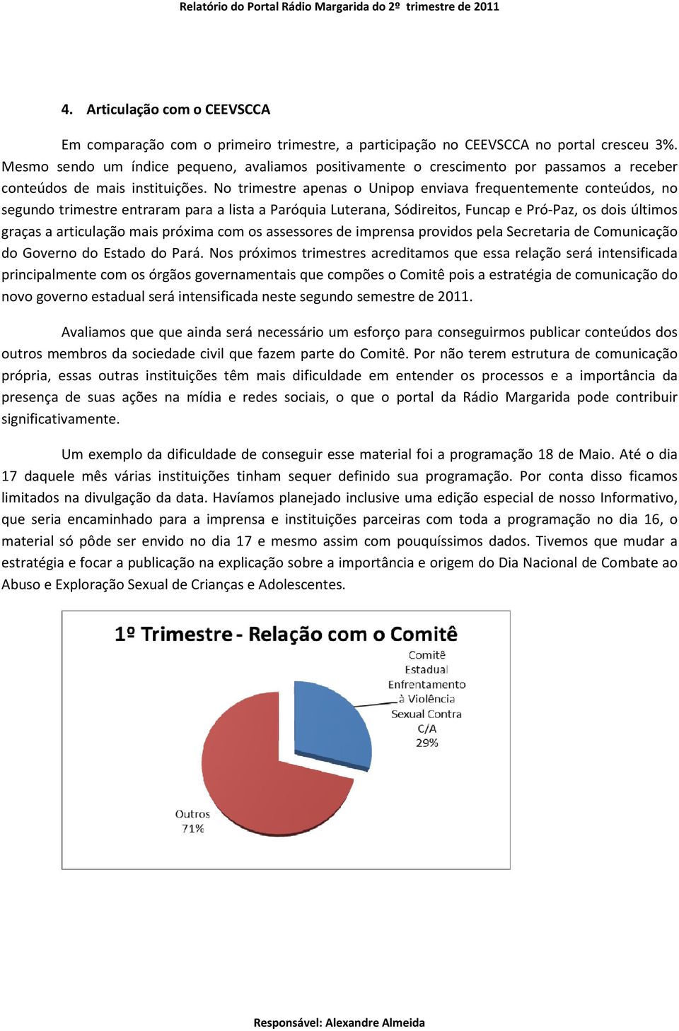 No trimestre apenas o Unipop enviava frequentemente conteúdos, no segundo trimestre entraram para a lista a Paróquia Luterana, Sódireitos, Funcap e Pró-Paz, os dois últimos graças a articulação mais