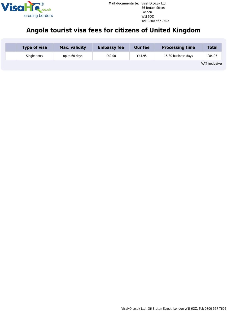 validity Embassy fee Our fee Processing time Total