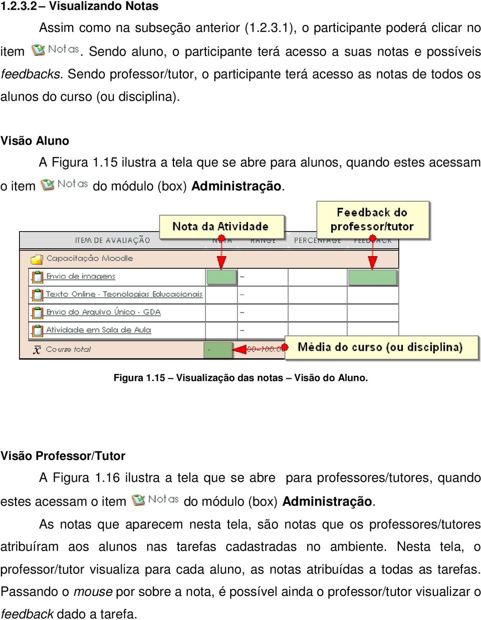 15 ilustra a tela que se abre para alunos, quando estes acessam o item do módulo (box) Administração. Figura 1.15 Visualização das notas Visão do Aluno. Visão Professor/Tutor A Figura 1.