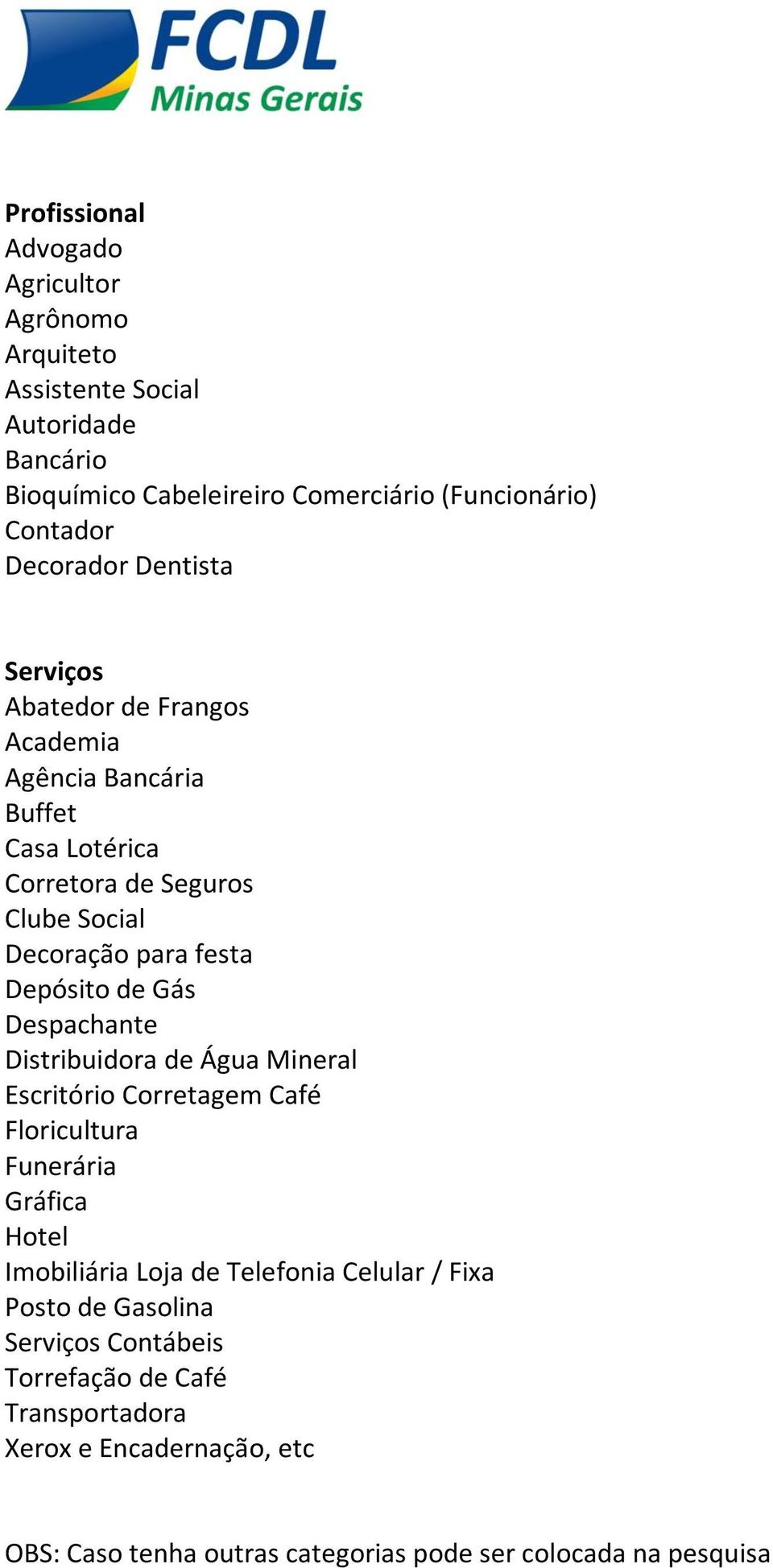 Depósito de Gás Despachante Distribuidora de Água Mineral Escritório Corretagem Café Floricultura Funerária Gráfica Hotel Imobiliária Loja de Telefonia