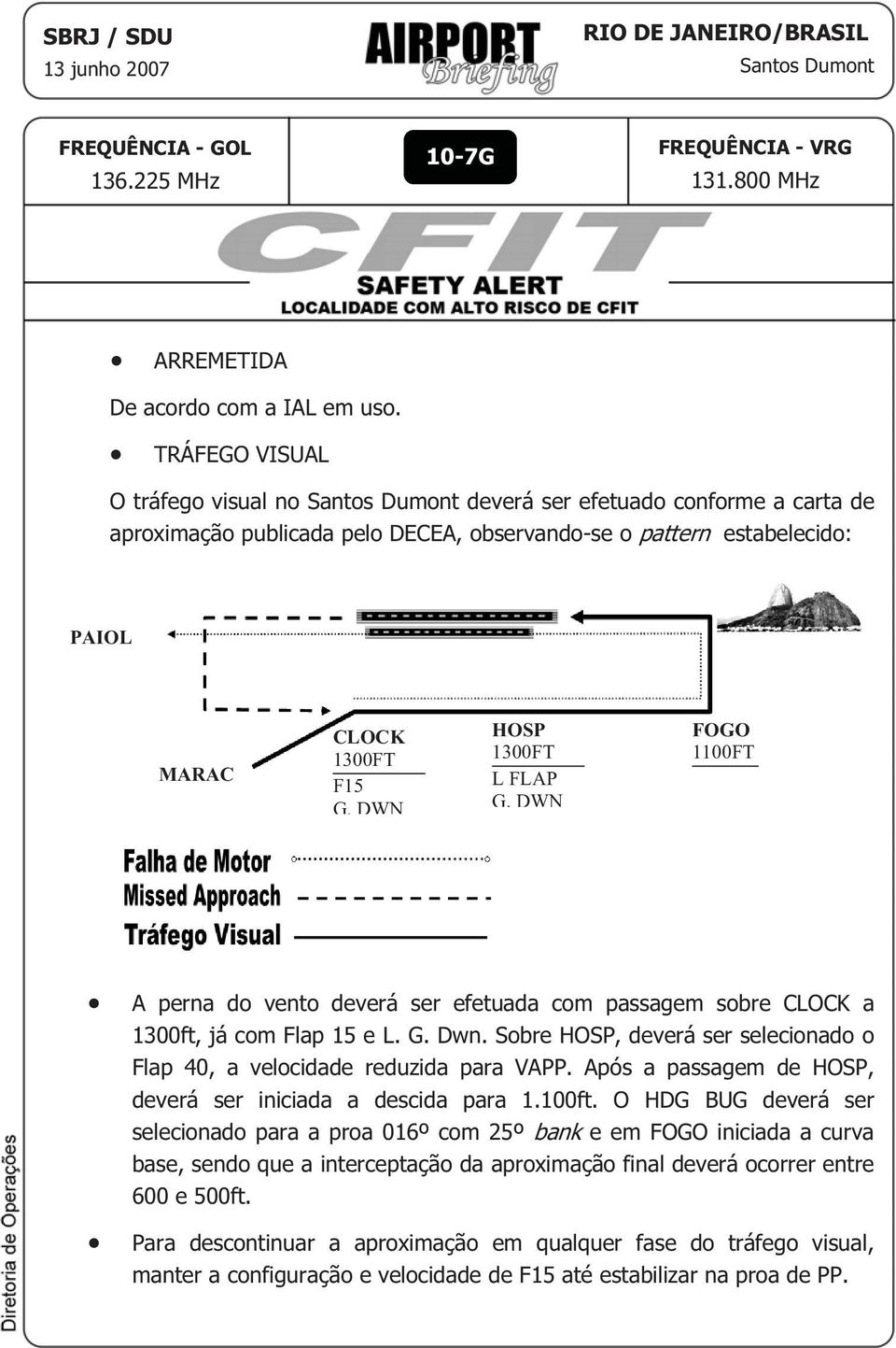 DWN HOSP 1300FT L FLAP G. DWN FOGO 1100FT A perna do vento deverá ser efetuada com passagem sobre CLOCK a 1300ft, já com Flap 15 e L. G. Dwn.