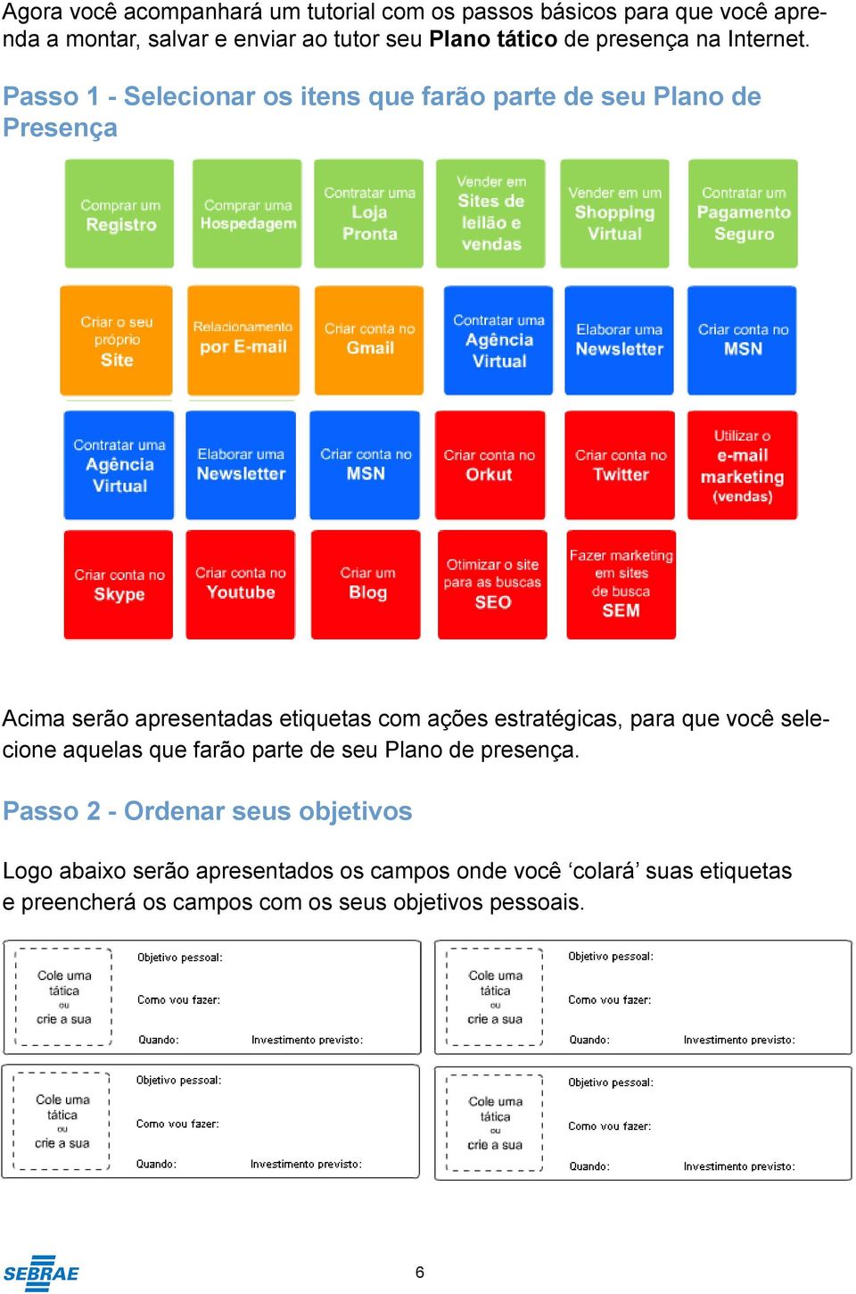 Passo 1 - Selecionar os itens que farão parte de seu Plano de Presença Acima serão apresentadas etiquetas com ações estratégicas,