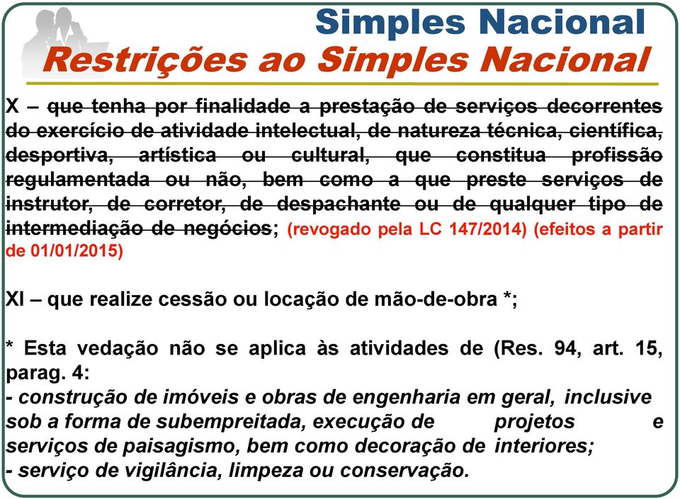 (revogado pela LC 147/2014) (efeitos a partir de 01/01/2015) XI que realize cessão ou locação de mão-de-obra *; * Esta vedação não se aplica às atividades de (Res. 94, art. 15, parag.