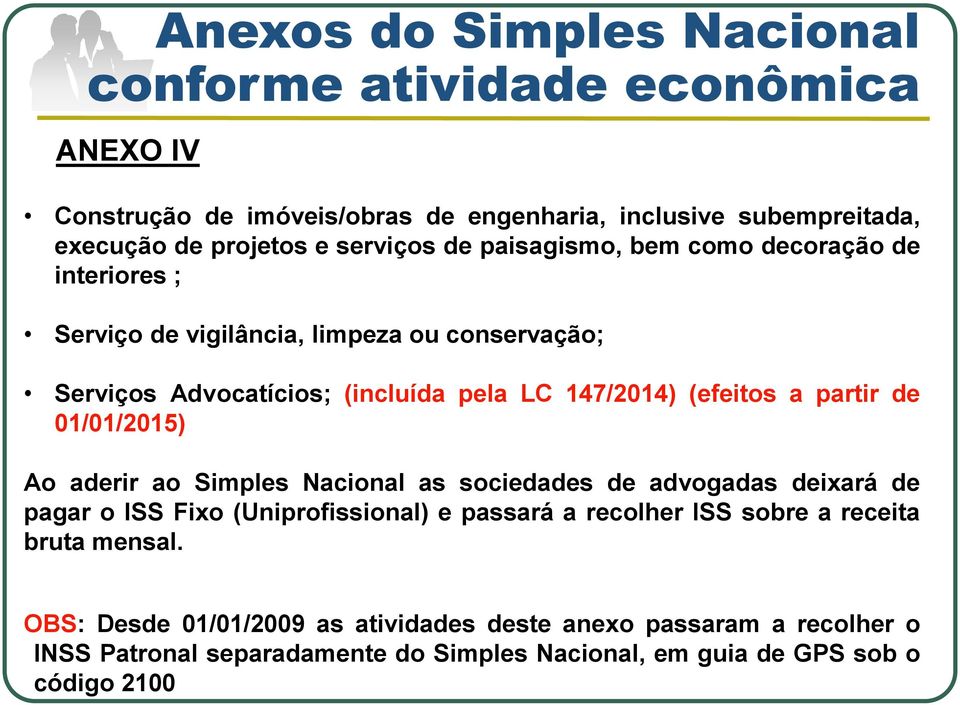 (efeitos a partir de 01/01/2015) Ao aderir ao Simples Nacional as sociedades de advogadas deixará de pagar o ISS Fixo (Uniprofissional) e passará a recolher ISS