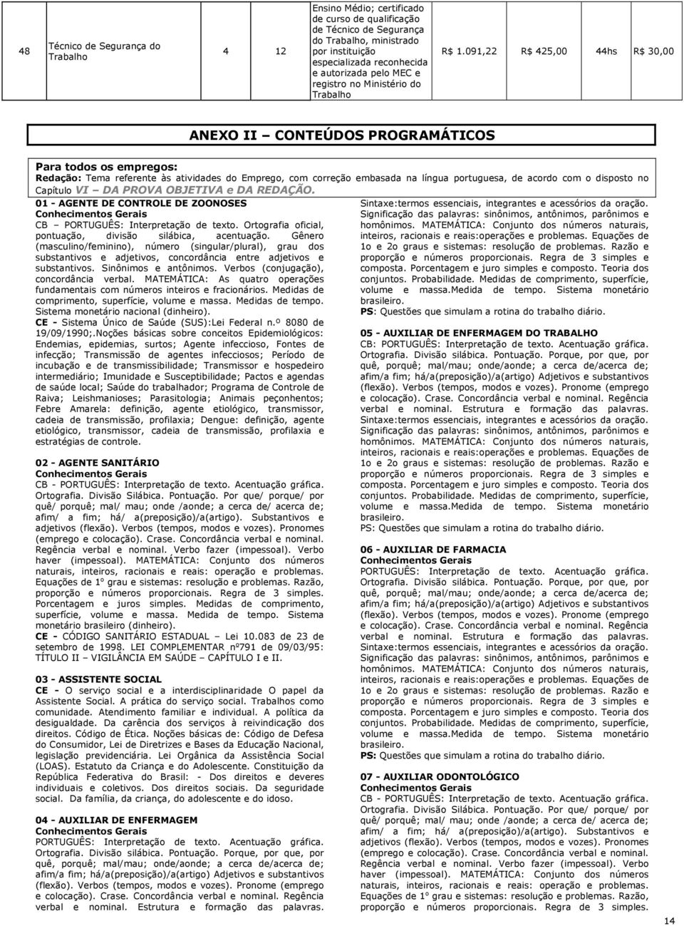 091,22 R$ 425,00 44hs R$ 30,00 ANEXO II CONTEÚDOS PROGRAMÁTICOS Para todos os empregos: Redação: Tema referente às atividades do Emprego, com correção embasada na língua portuguesa, de acordo com o