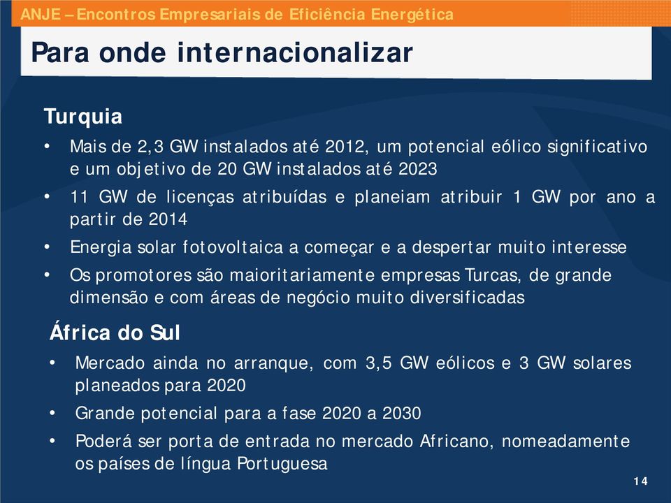 interesse Os promotores são maioritariamente empresas Turcas, de grande dimensão e com áreas de negócio muito diversificadas África do Sul Mercado ainda no arranque, com 3,5