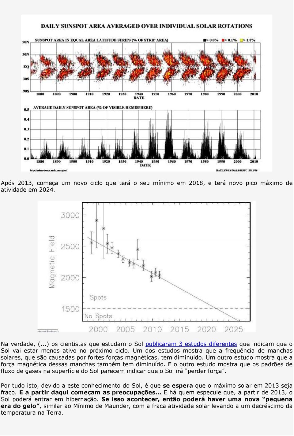 Um dos estudos mostra que a frequência de manchas solares, que são causadas por fortes forças magnéticas, tem diminuído.