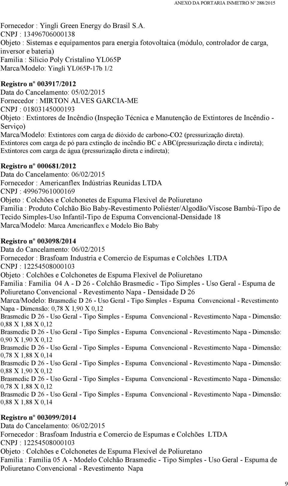 01803145000193 Objeto : Extintores de Incêndio (Inspeção Técnica e Manutenção de Extintores de Incêndio - Serviço) Marca/Modelo: Extintores com carga de dióxido de carbono-co2 (pressurização direta).