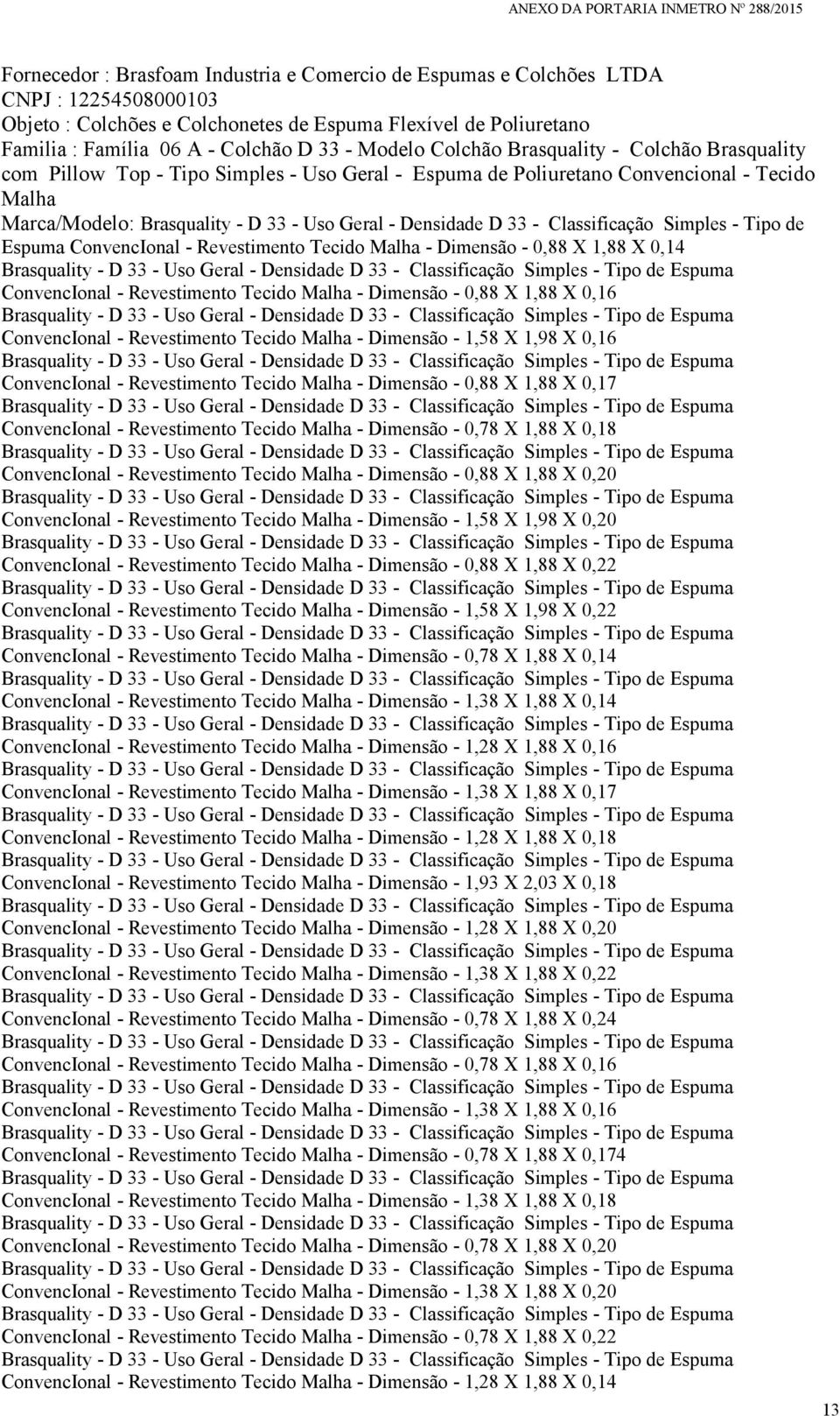 D 33 - Classificação Simples - Tipo de Espuma ConvencIonal - Revestimento Tecido Malha - Dimensão - 0,88 X 1,88 X 0,14 Brasquality - D 33 - Uso Geral - Densidade D 33 - Classificação Simples - Tipo