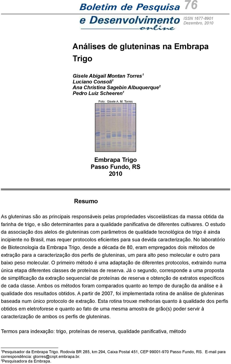 Torres Embrapa Trigo Passo Fundo, RS 2010 Resumo As gluteninas são as principais responsáveis pelas propriedades viscoelásticas da massa obtida da farinha de trigo, e são determinantes para a