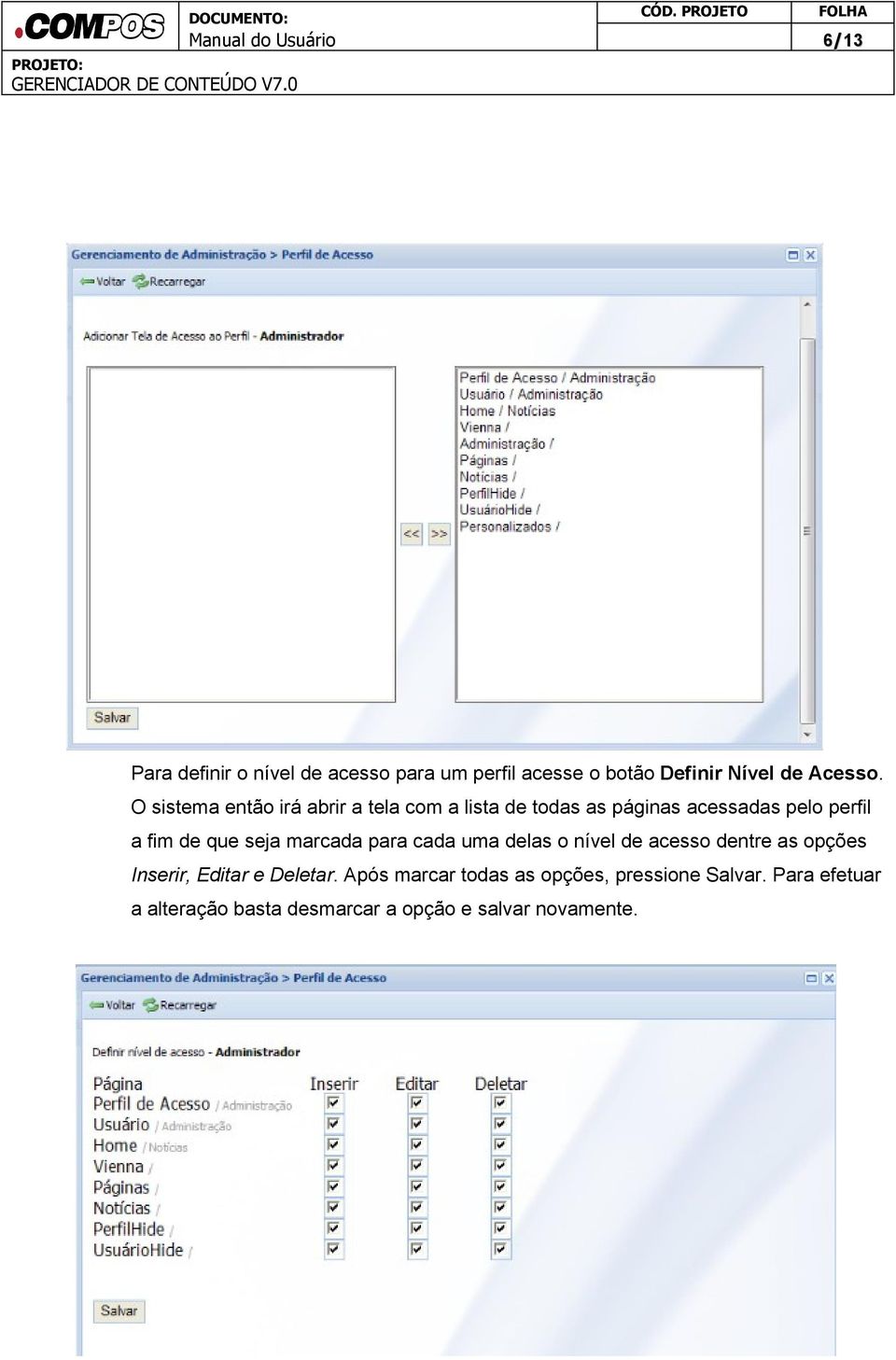 seja marcada para cada uma delas o nível de acesso dentre as opções Inserir, Editar e Deletar.