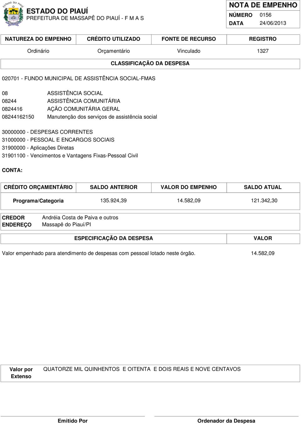 SOCIAIS 31900000 - Aplicações Diretas 31901100 - Vencimentos e Vantagens Fixas-Pessoal Civil 135.924,39 14.582,09 121.