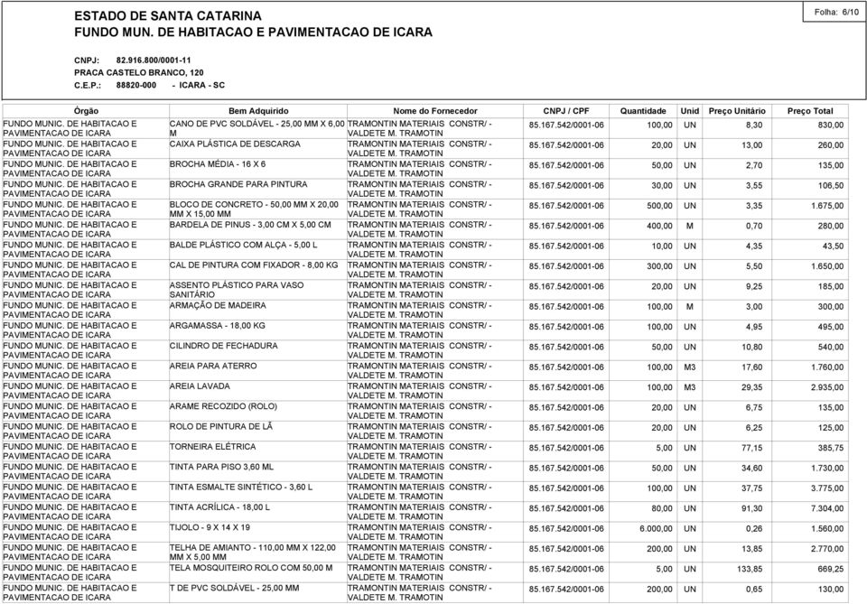 BARDELA DE PINUS - 3,00 CM X 5,00 CM BALDE PLÁSTICO COM ALÇA - 5,00 L CAL DE PINTURA COM FIXADOR - 8,00 KG ASSENTO PLÁSTICO PARA VASO SANITÁRIO ARMAÇÃO DE MADEIRA ARGAMASSA - 18,00 KG CILINDRO DE