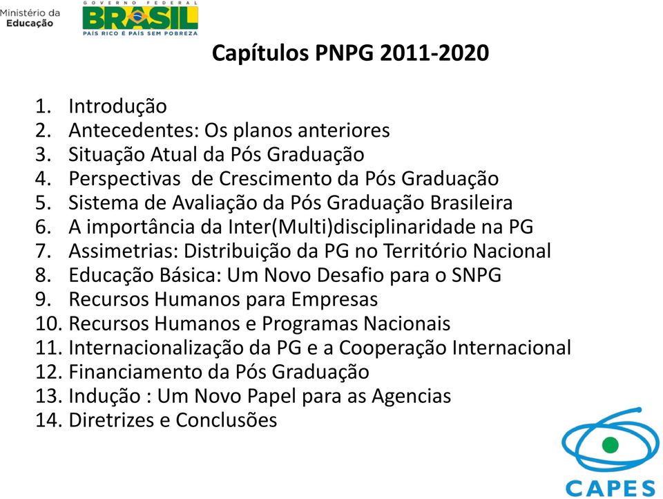 Assimetrias: Distribuição da PG no Território Nacional 8. Educação Básica: Um Novo Desafio para o SNPG 9. Recursos Humanos para Empresas 10.