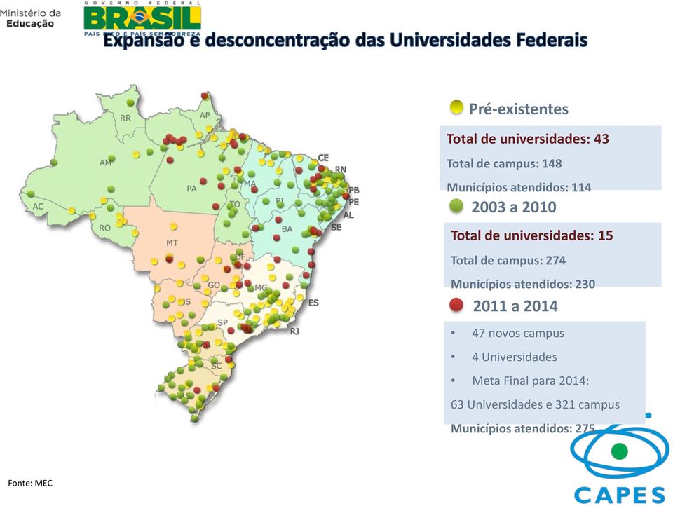 Municípios atendidos: 230 2011 a 2014 47 novos campus 4 Universidades Meta