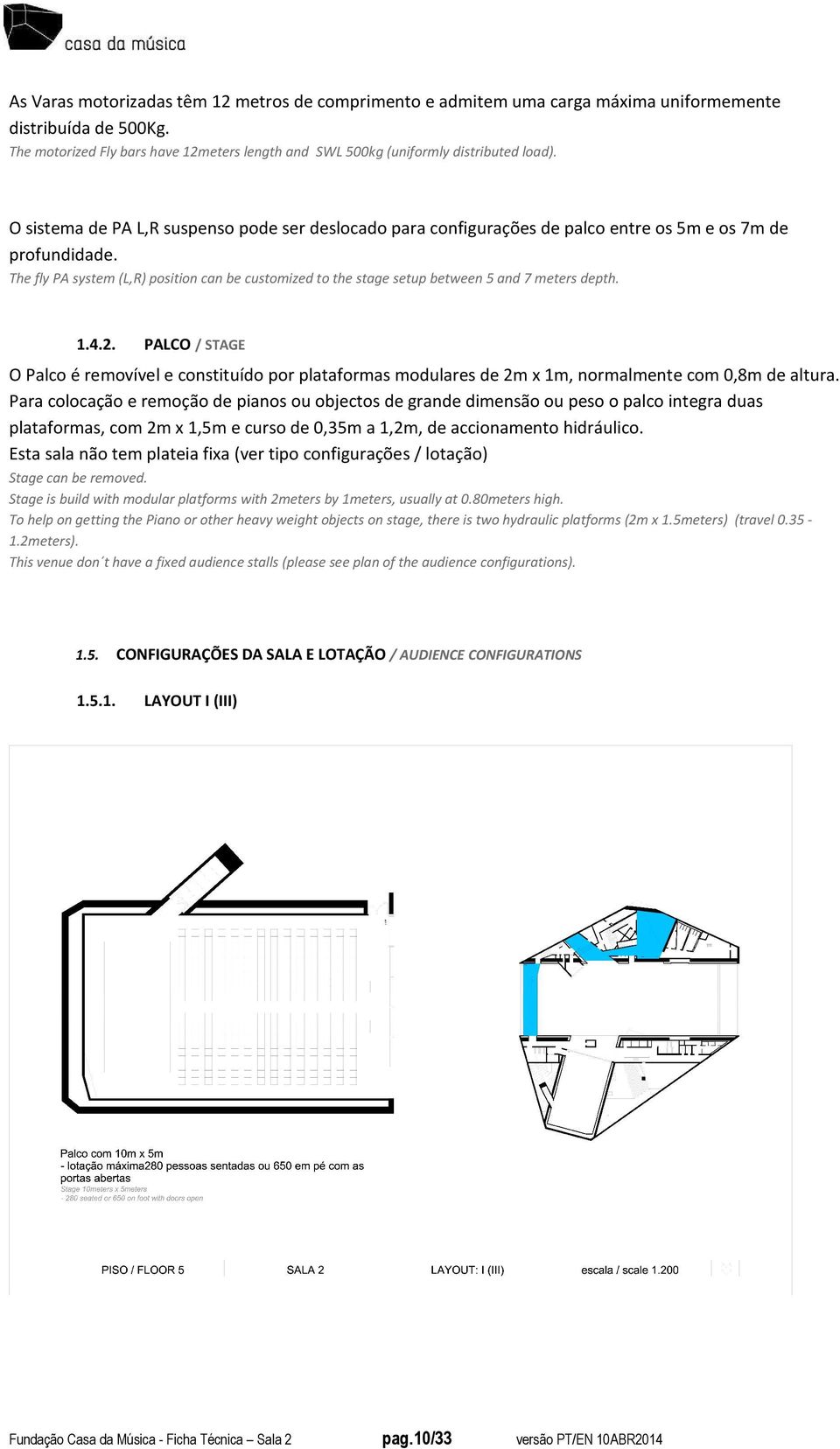 The fly PA system (L,R) position can be customized to the stage setup between 5 and 7 meters depth. 1.4.2.