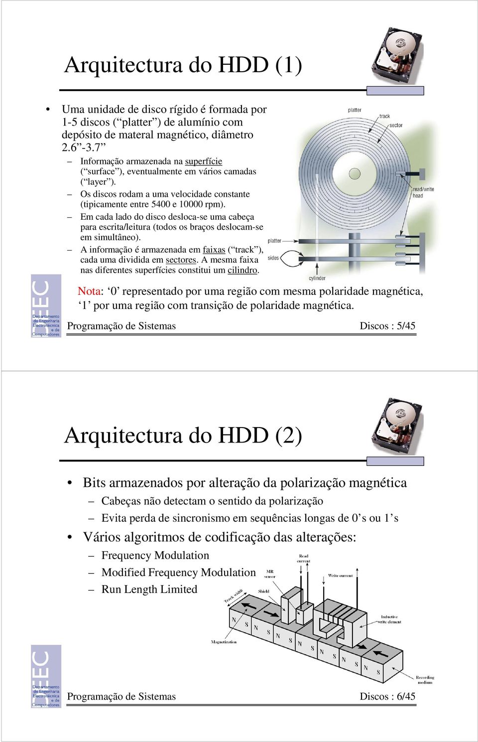 Em cada lado do disco desloca-se uma cabeça para escrita/leitura (todos os braços deslocam-se em simultâneo). A informação é armazenada em faixas ( track ), cada uma dividida em sectores.