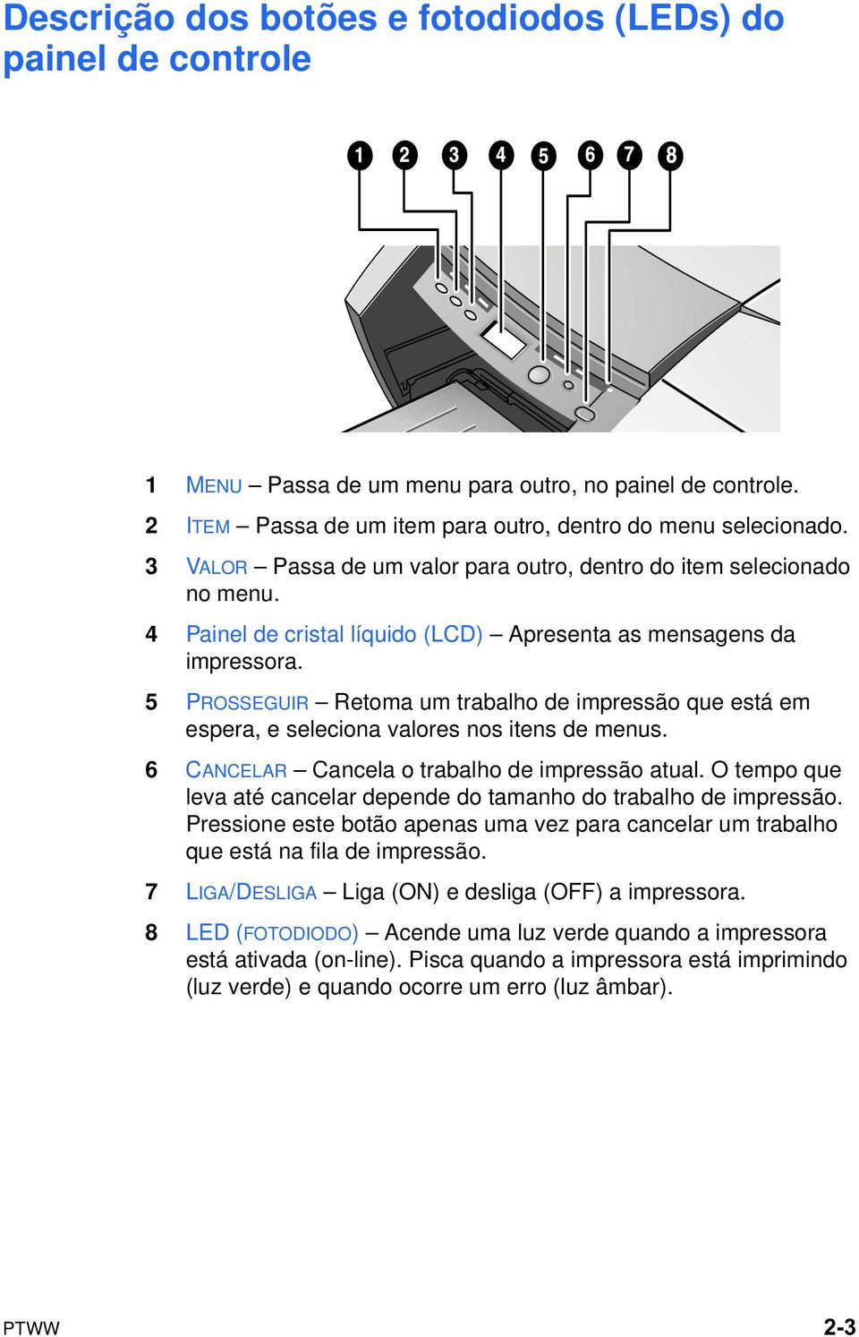 5 PROSSEGUIR Retoma um trabalho de impressão que está em espera, e seleciona valores nos itens de menus. 6 CANCELAR Cancela o trabalho de impressão atual.