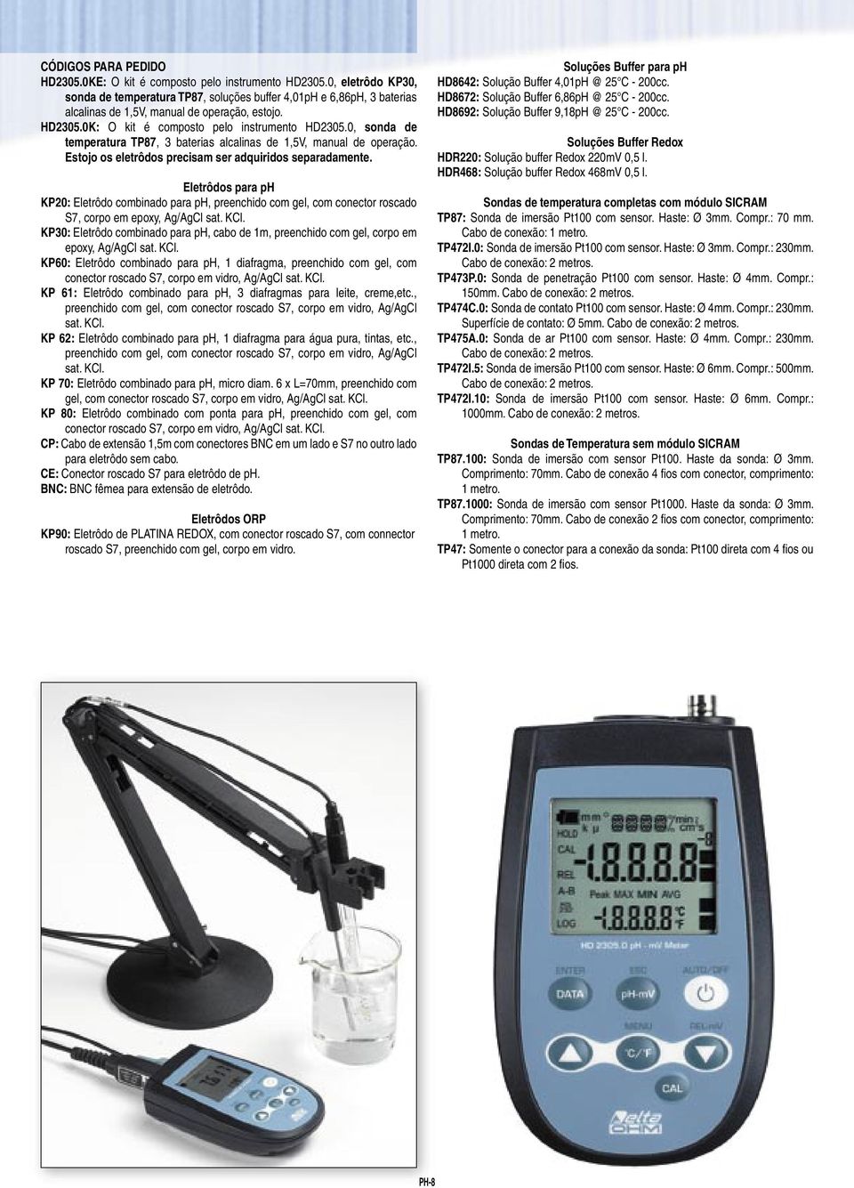 0, sonda de temperatura TP87, 3 baterias alcalinas de 1,5V, manual de operação. Estojo os eletrôdos precisam ser adquiridos separadamente.