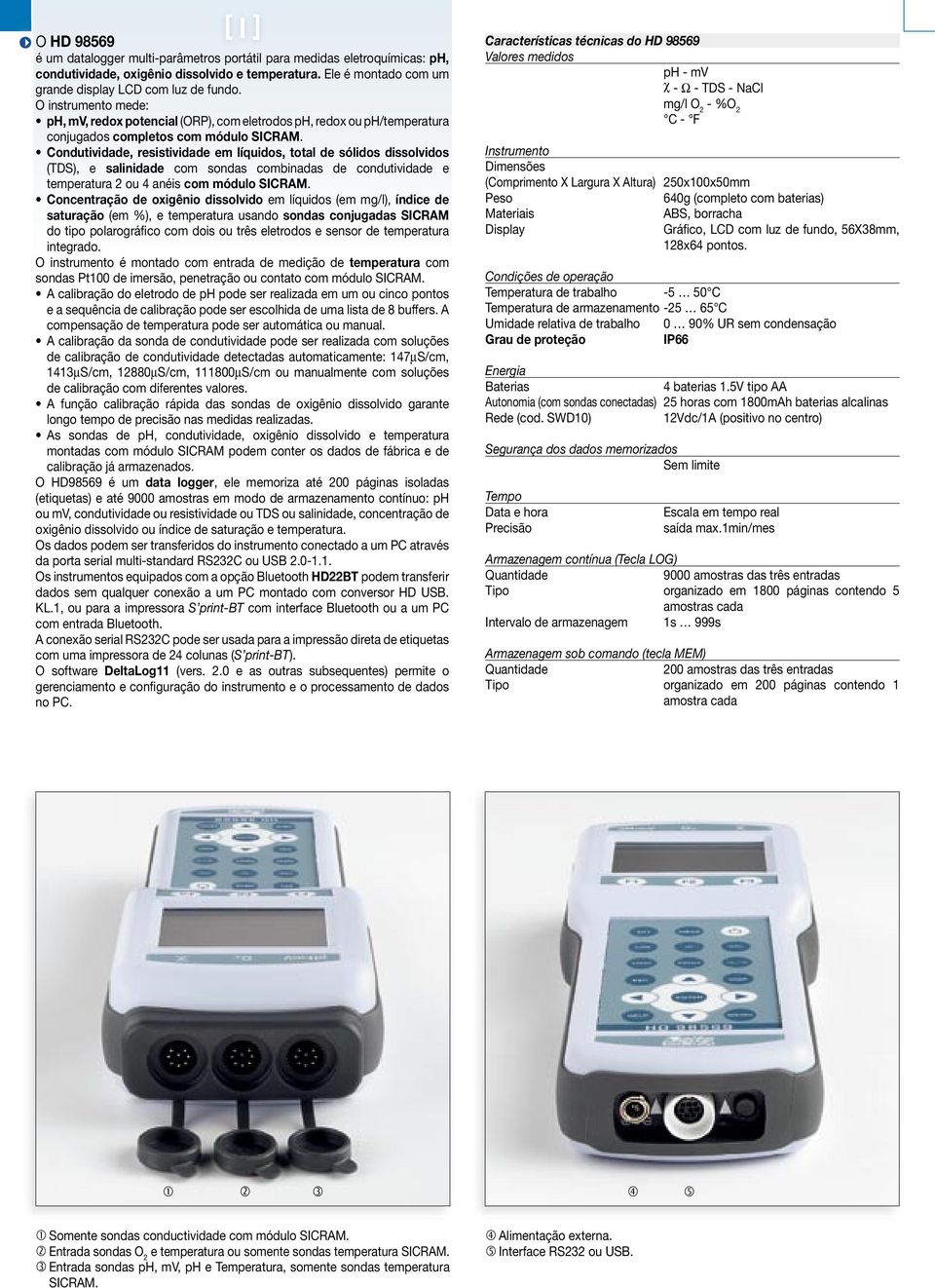 Condutividade, resistividade em líquidos, total de sólidos dissolvidos (TDS), e salinidade com sondas combinadas de condutividade e temperatura 2 ou 4 anéis com módulo SICRAM.