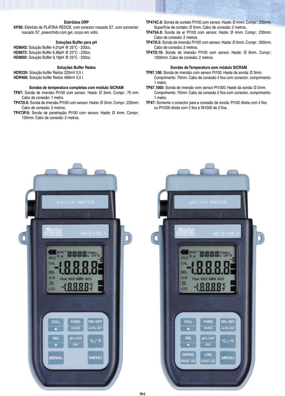 Soluções Buffer Redox HDR220: Solução buffer Redox 220mV 0,5 l. HDR468: Solução buffer Redox 468mV 0,5 l. Sondas de temperatura completas com módulo SICRAM TP87: Sonda de imersão Pt100 com sensor.