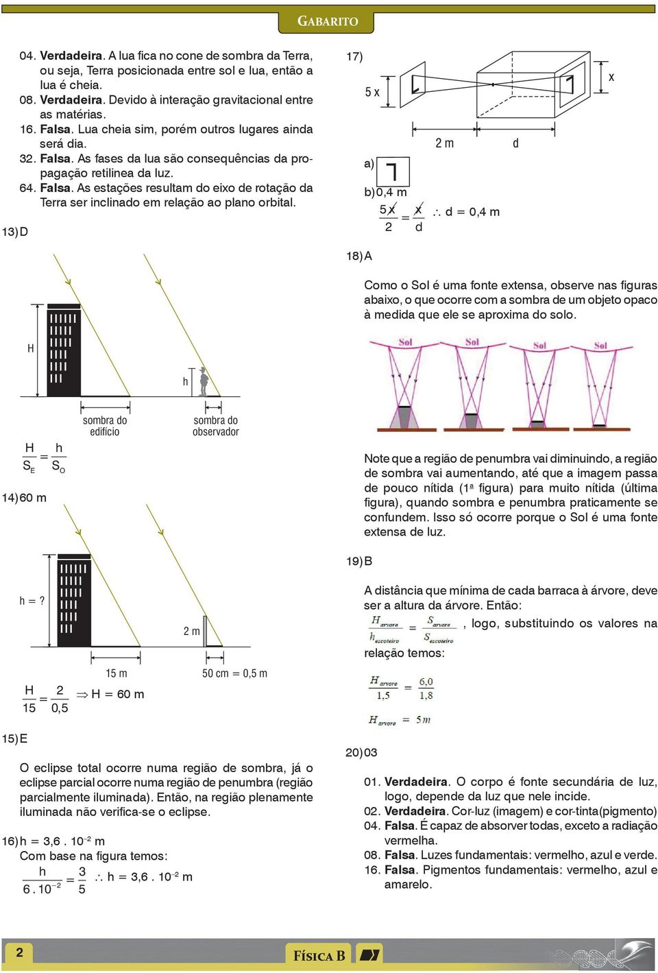 7) a) b) 0,4 m 5 x x d 8) d 0,4 m Como o Sol é uma onte extensa, observe nas iguras abaixo, o que ocorre com a sombra de um objeto oaco à medida que ele se aroxima do solo.